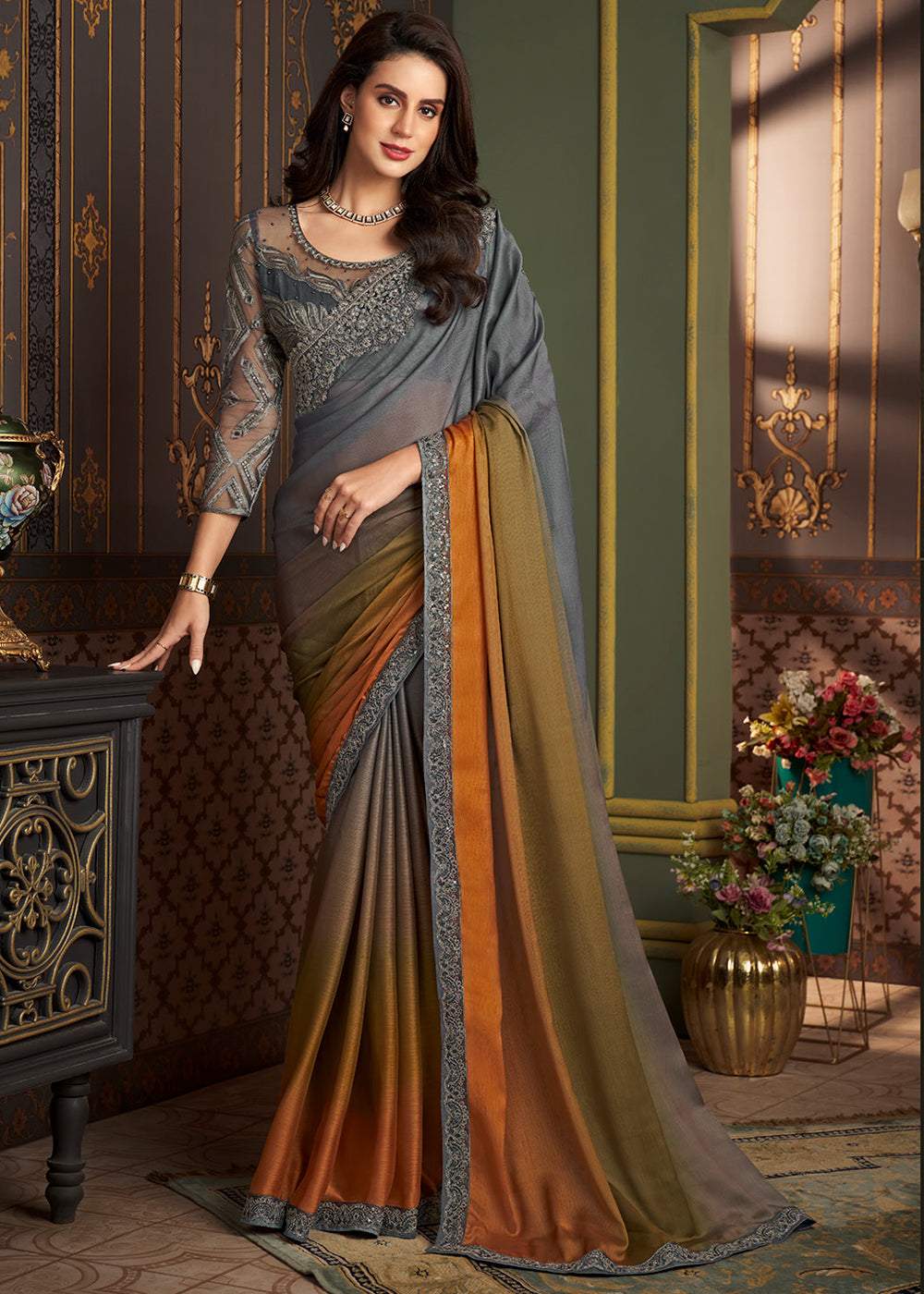 Shades Of Grey & Orange Designer Embroidered Chiffon Silk Saree