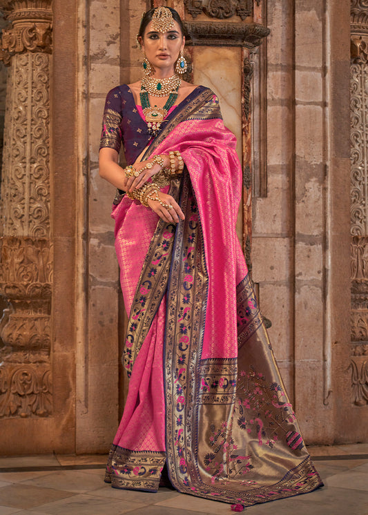 Deep Pink Jacquard Woven Banarasi Silk Saree with Stone Work