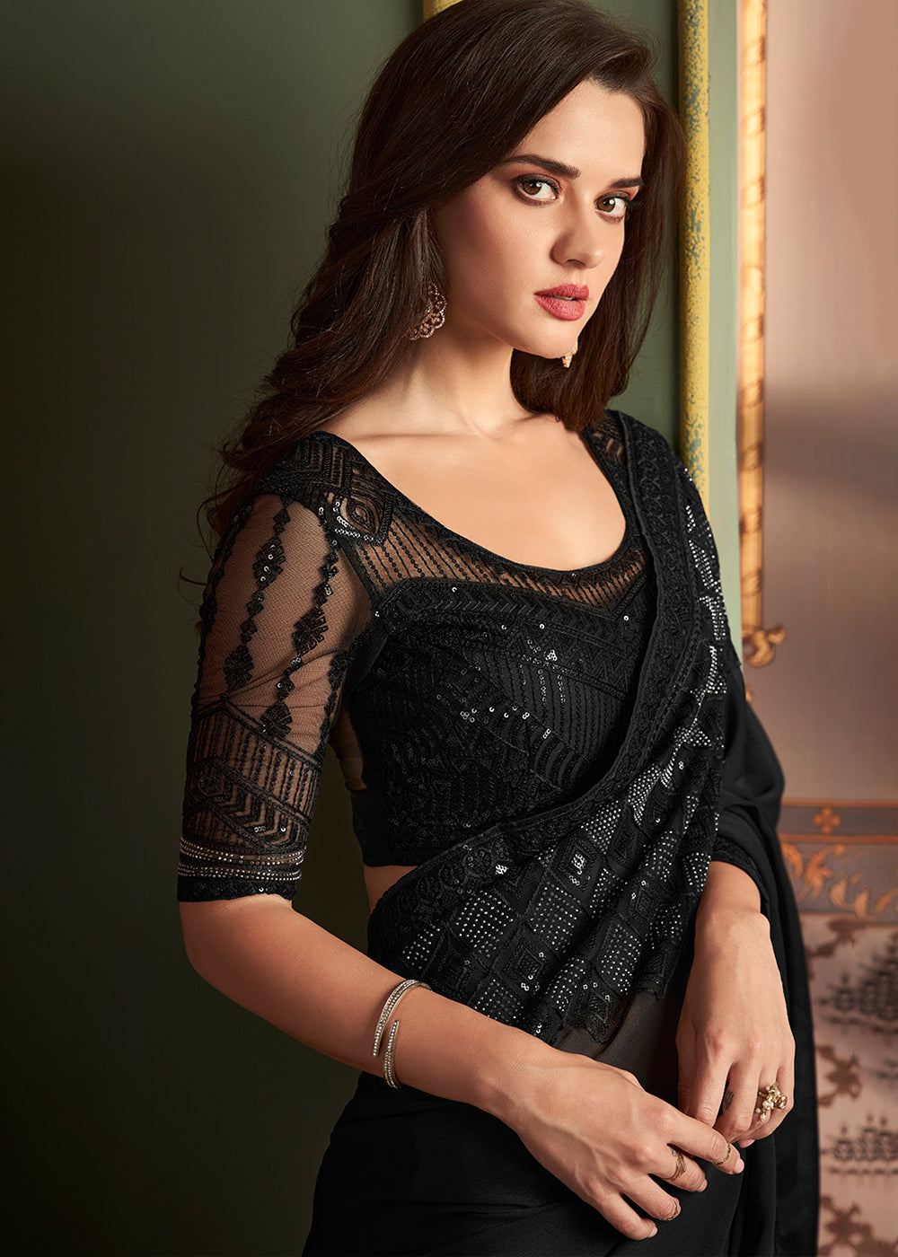 Midnight Black Designer Embroidered Chiffon Silk Saree