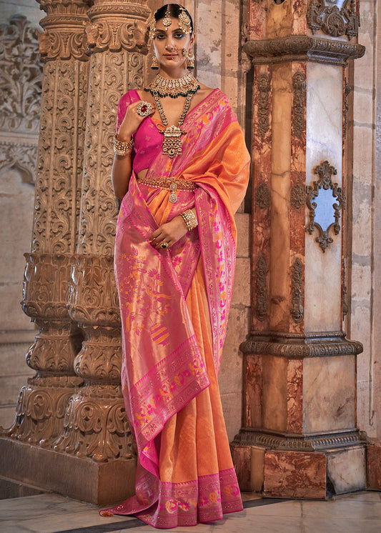 Orange & Pink Jacquard Woven Banarasi Silk Saree with Stone Work