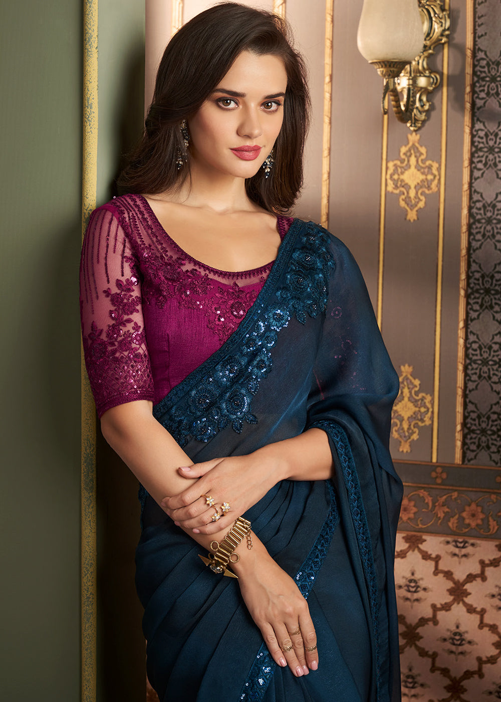 Space Blue Designer Embroidered Silk Saree