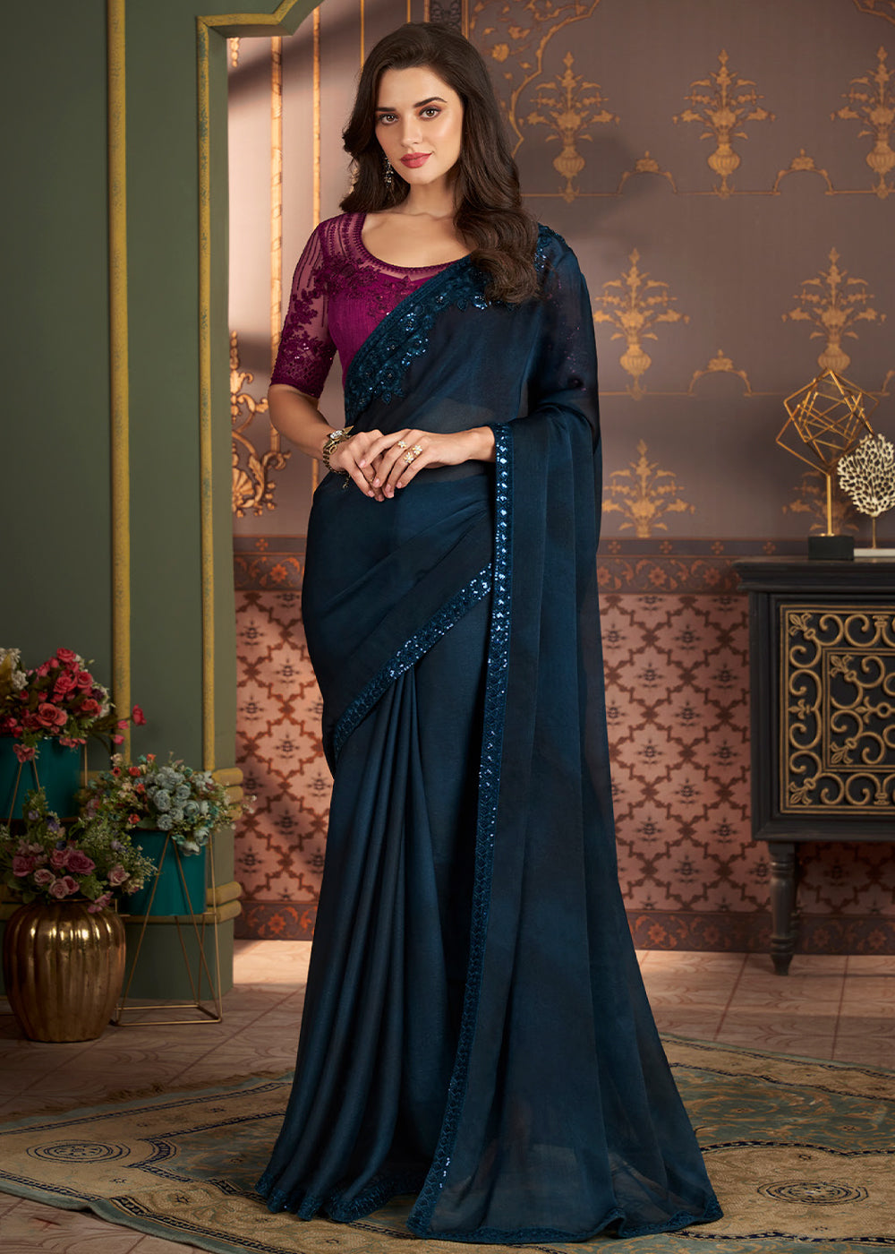 Space Blue Designer Embroidered Silk Saree