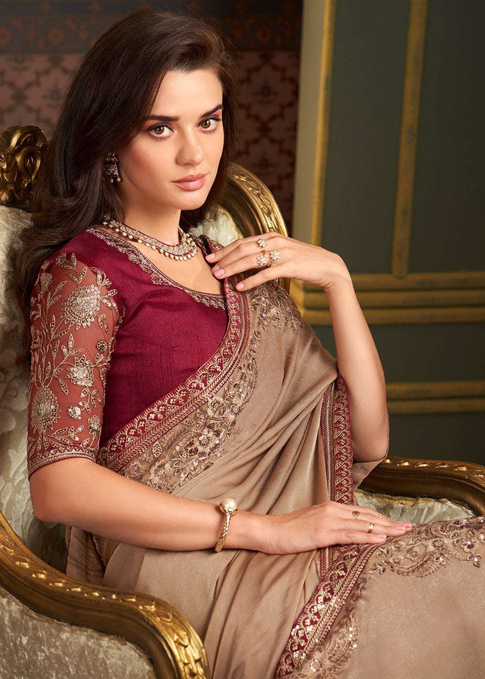 Tan Brown Designer Embroidered Silk Saree