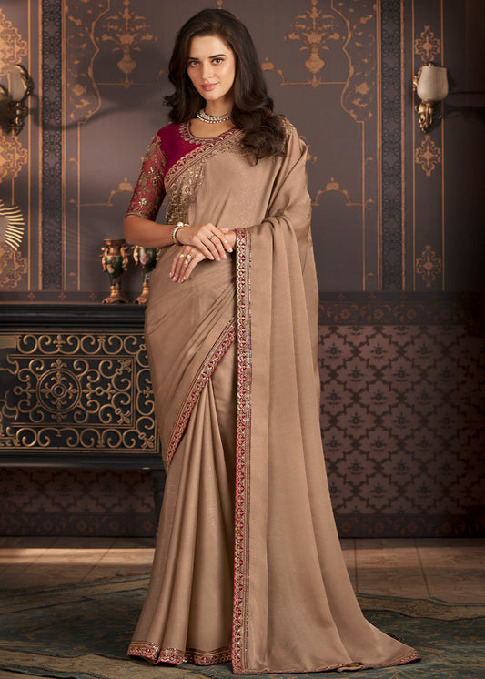 Tan Brown Designer Embroidered Silk Saree