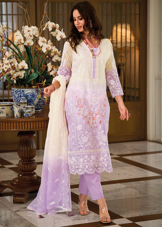 Shades Of Purple & White Organza Suit Having Beautiful Embroidery work