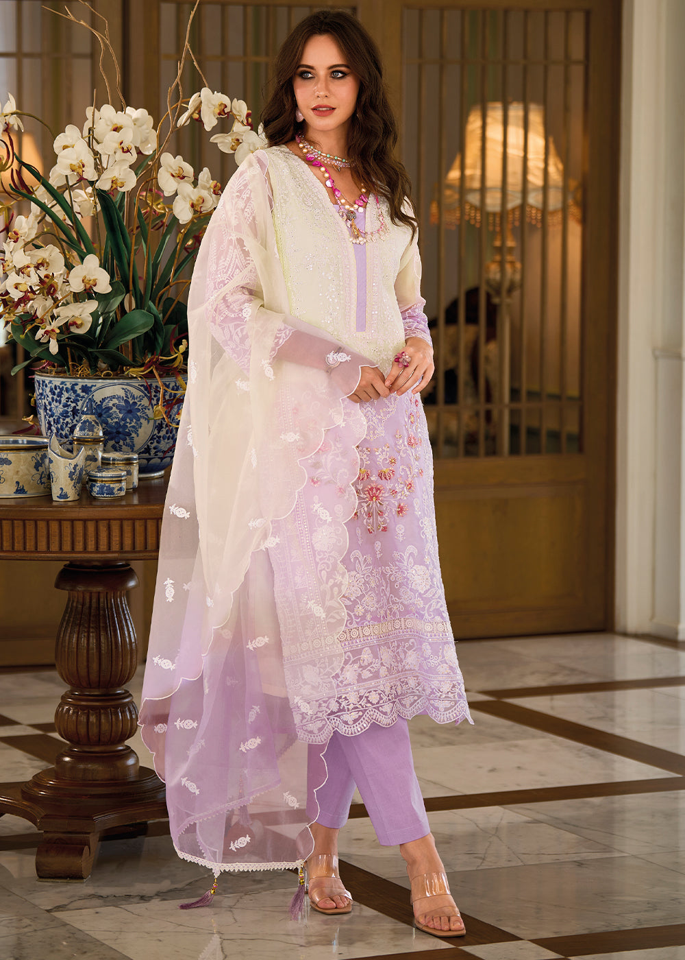 Shades Of Purple & White Organza Suit Having Beautiful Embroidery work