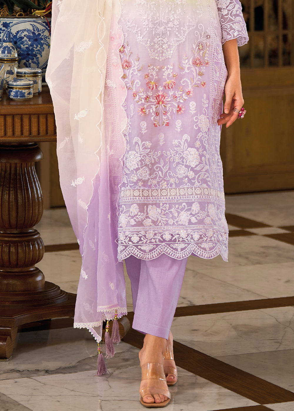 Shades Of Purple & White Organza Suit Having Beautiful Embroidery work