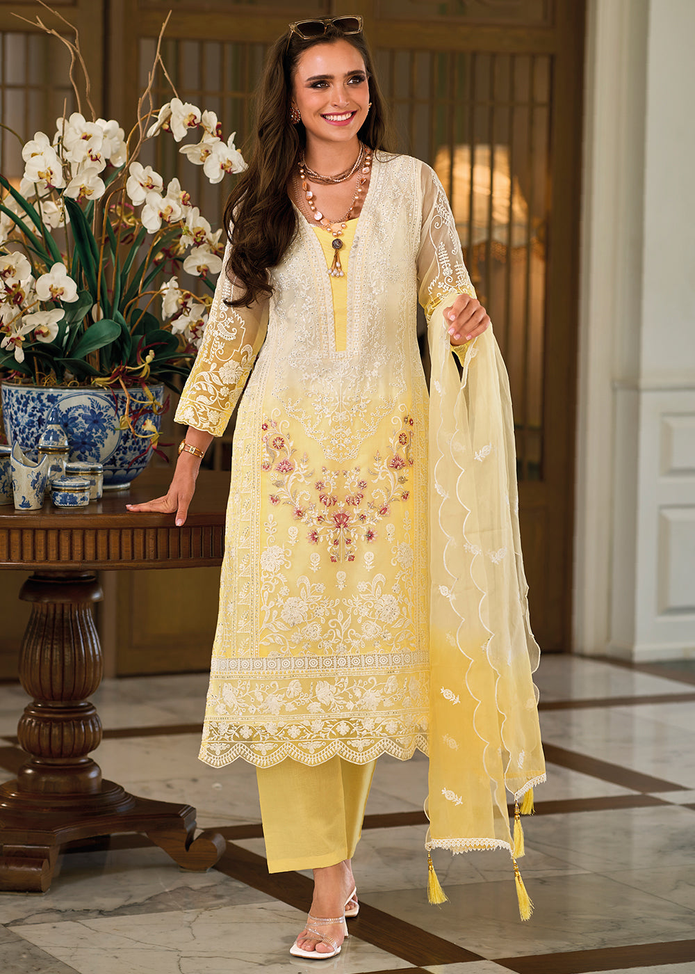 Shades Of Yellow & White Organza Suit Having Beautiful Embroidery work