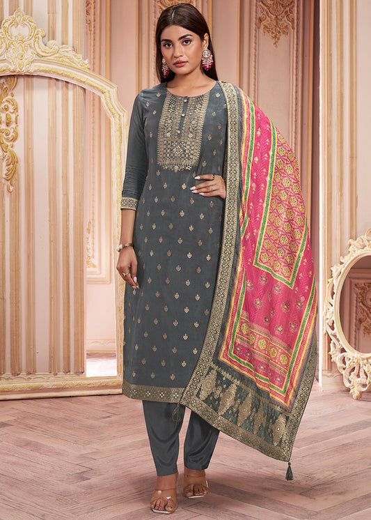 Steel Grey Dola Silk Jacquard Kurta with Santoon Trouser and Dola Jacquard Printed Dupatta