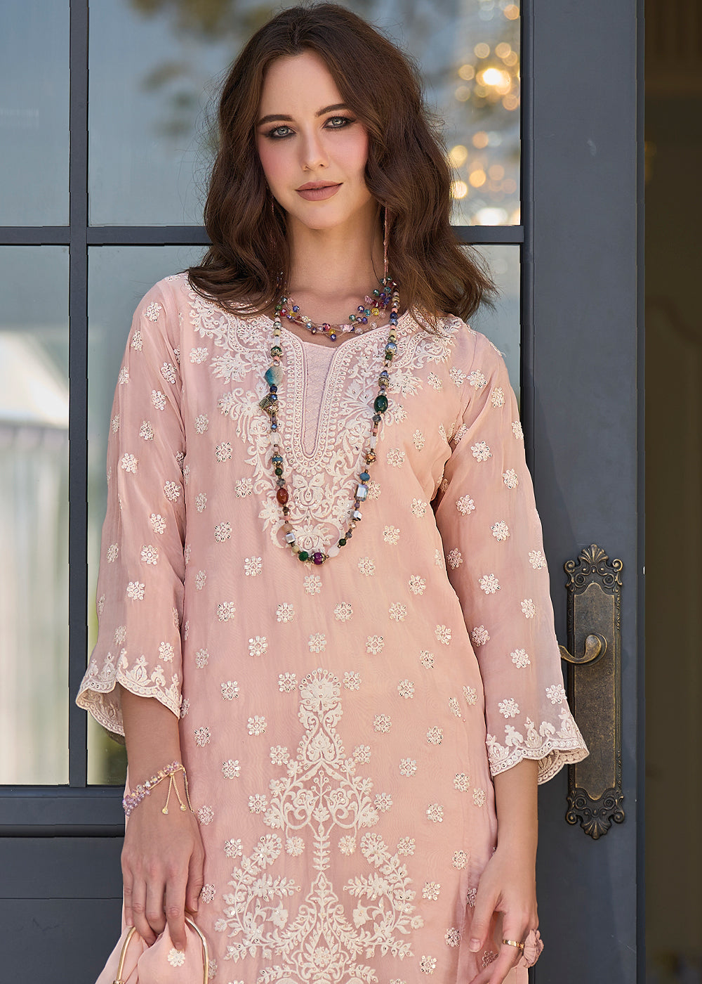 Light Peach Pink Embroidered Designer Organza Suit