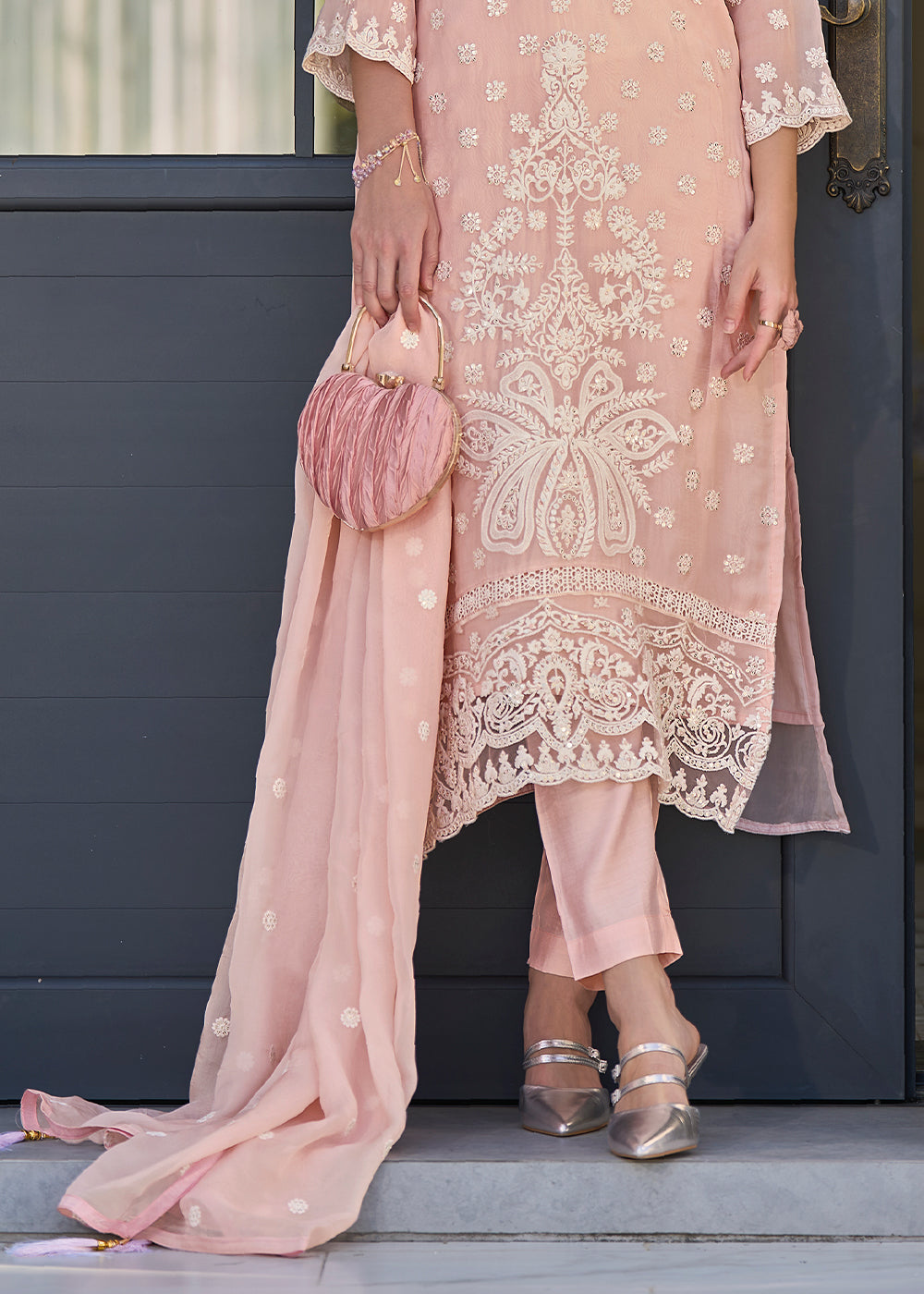 Light Peach Pink Embroidered Designer Organza Suit