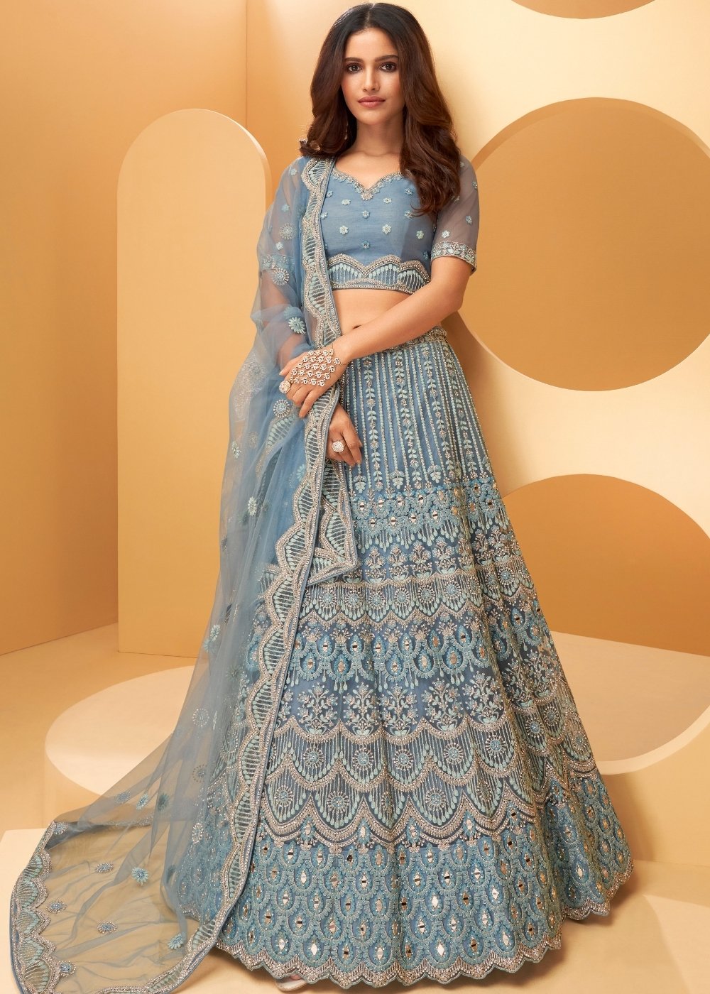 Steel Blue Net Lehenga Choli with Floral Cording, Sequins, Mirror & Thread work