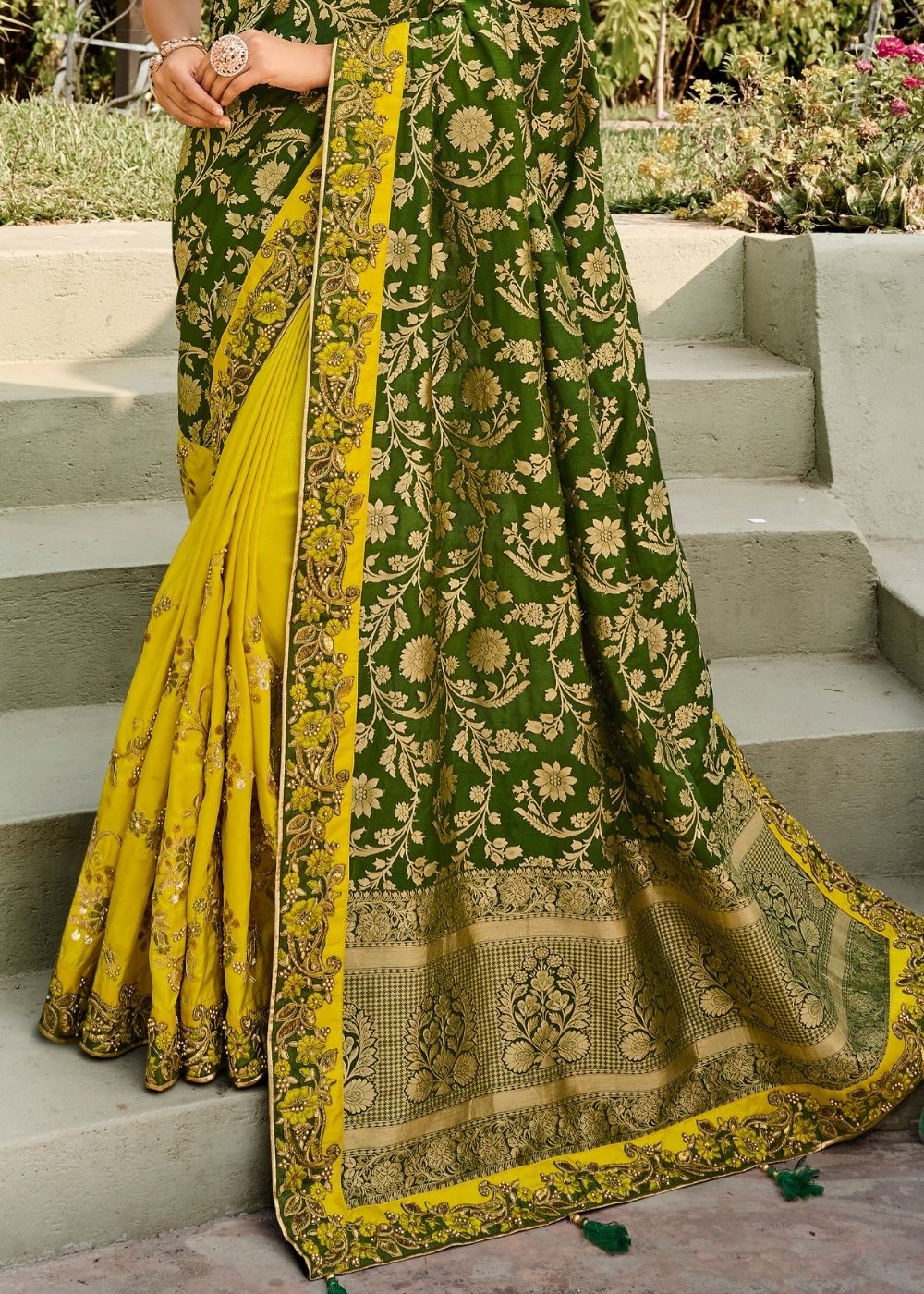 Yellow and Green Half N Half Silk Saree with Embroidered work : Top Pick