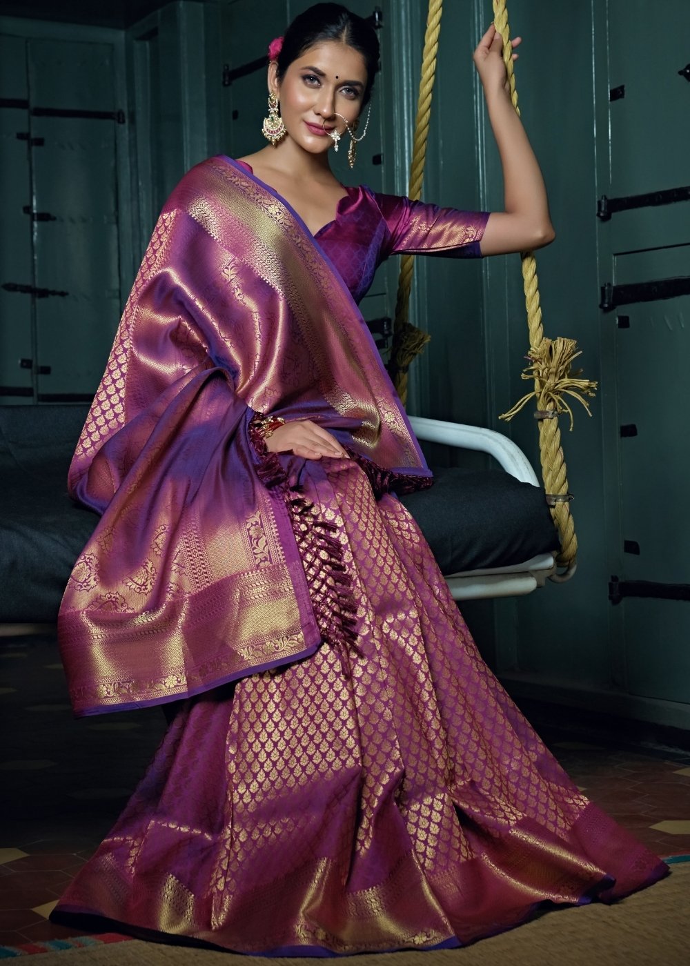 Wine Purple Woven Kanjivaram Silk Saree