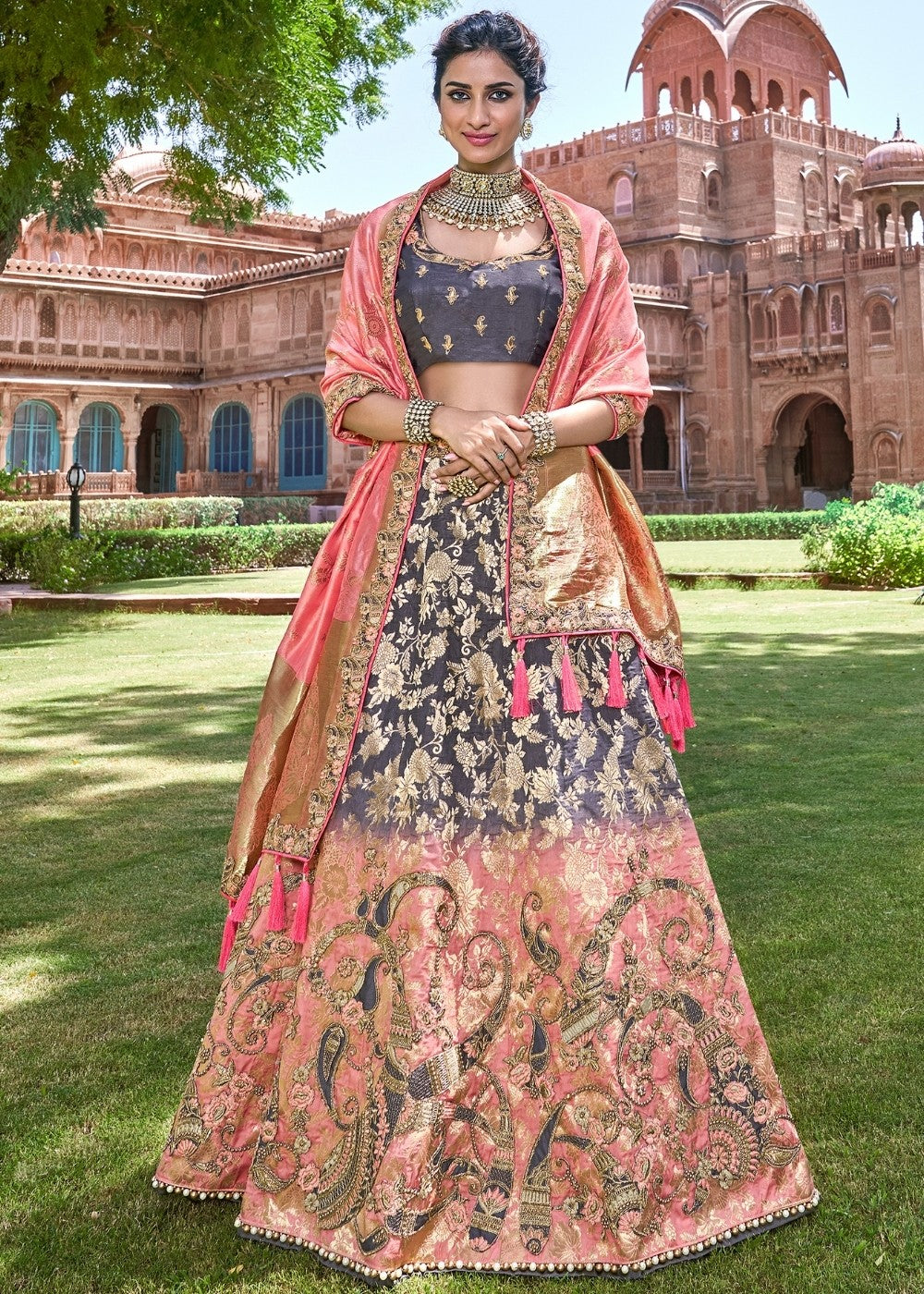 Grey and Pink Banarasi  Silk Lehenga Choli with Embroidery Work: Top Pick