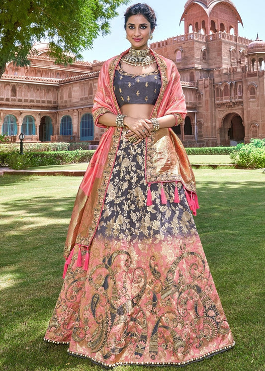 Grey and Pink Banarasi  Silk Lehenga Choli with Embroidery Work: Top Pick