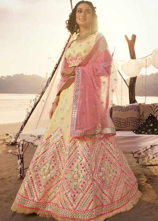Off-White Organza Lehenga Choli with Thread, Foli and Mirror work