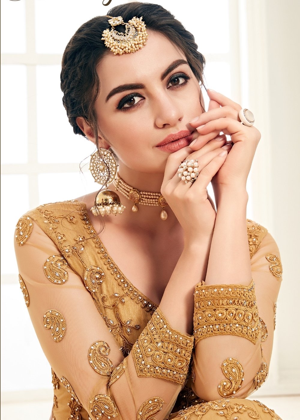 Caramel Brown Soft Net Lehenga Choli with Cording Embroidery & Stonework