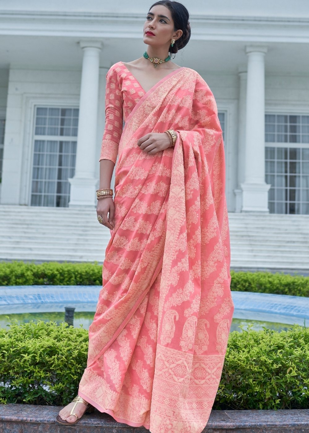 Taffy Pink Lucknowi Chikankari Weaving Silk Saree