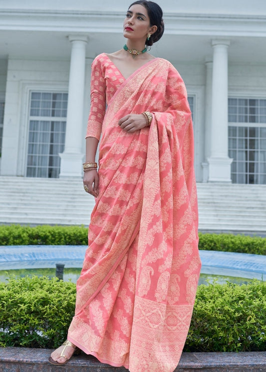 Taffy Pink Lucknowi Chikankari Weaving Silk Saree