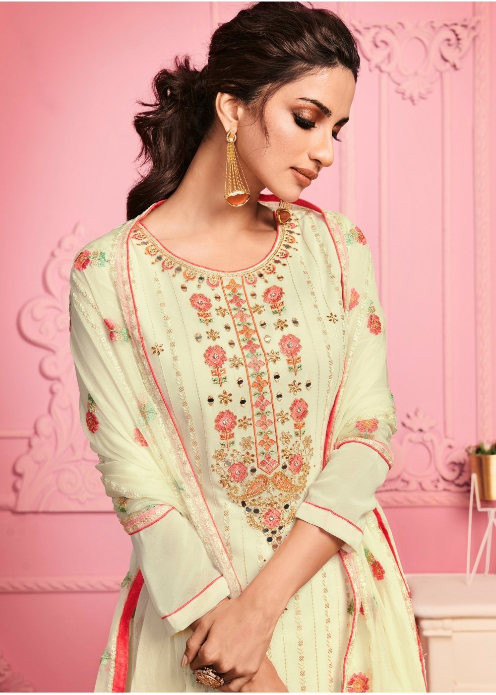 Banana Yellow Georgette Salwar Suit with Thread Embroidery, Katli & Mirror work