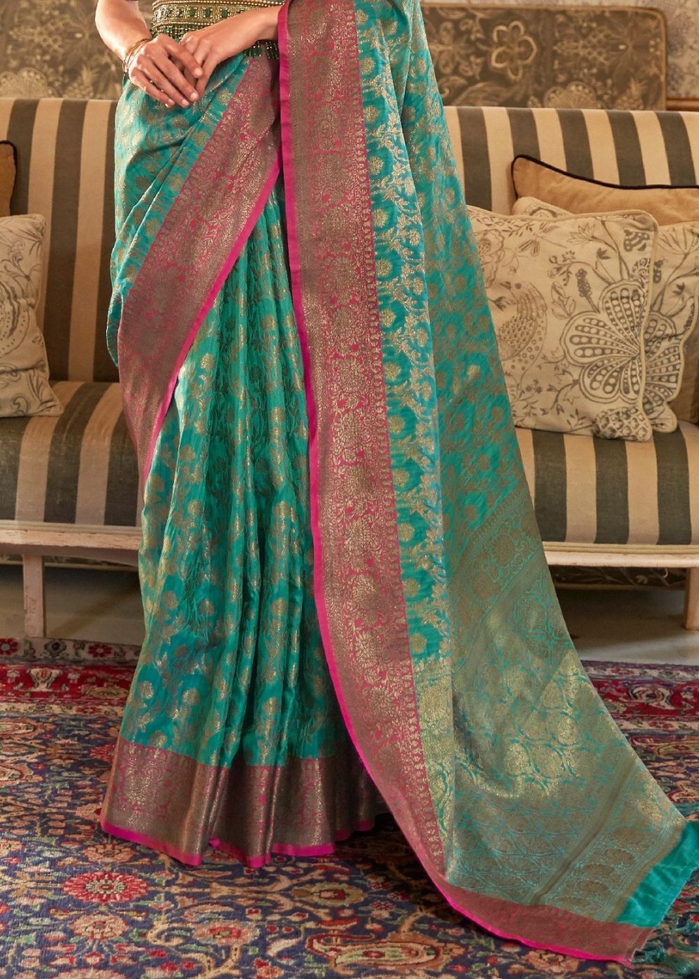 Sea Green Woven Banarasi Tussar Silk Saree