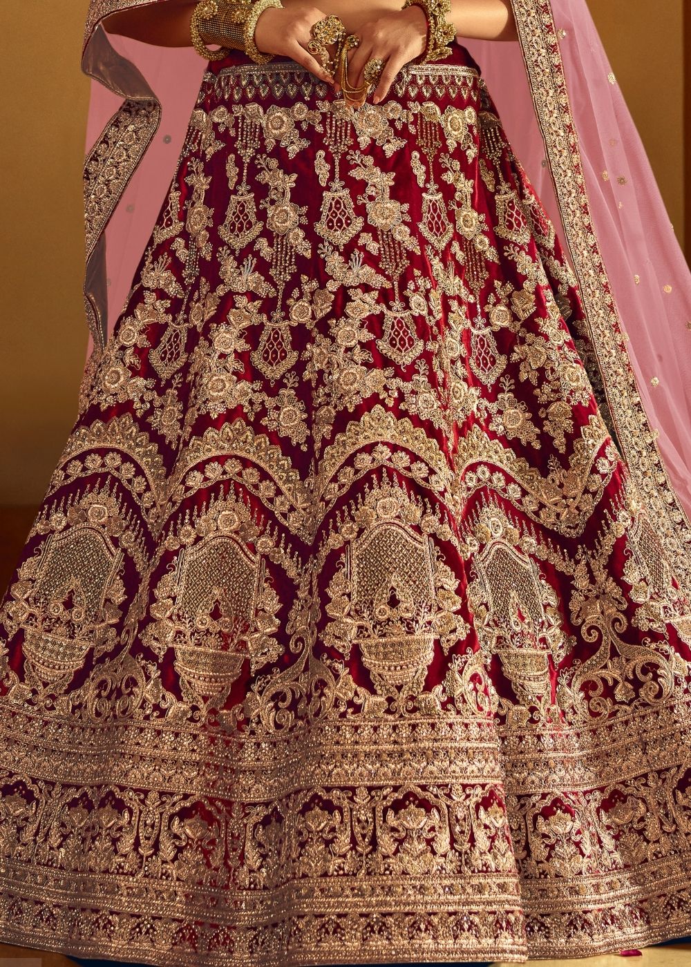 Wine Red Bridal Velvet Lehenga Choli with Embroidery & Hand work