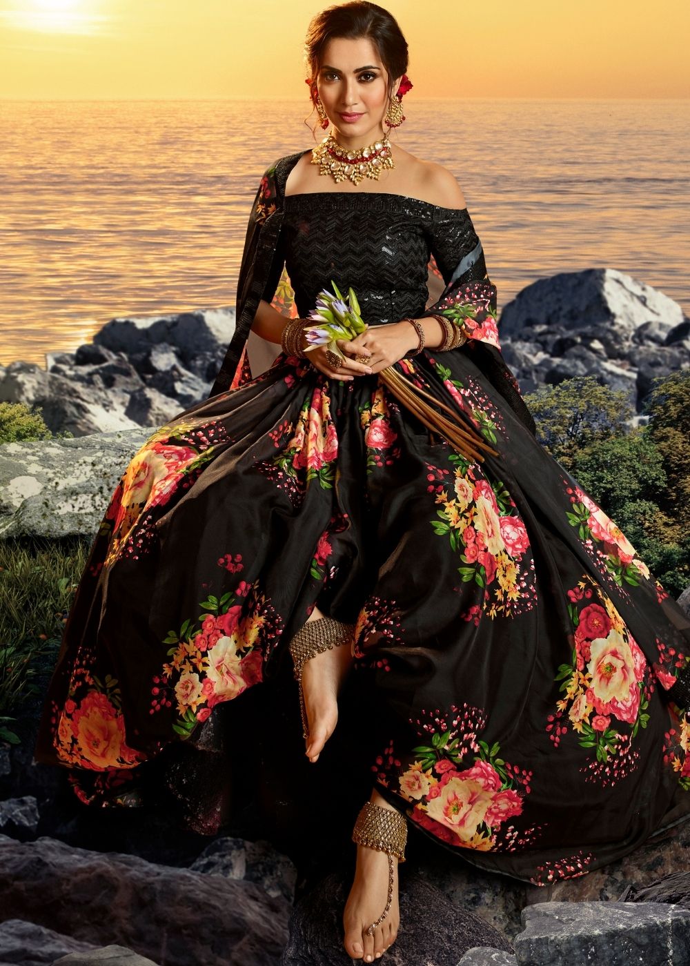 Midnight Black Organza Designer Printed Floral Lehenga Choli with Sequins and Zari work