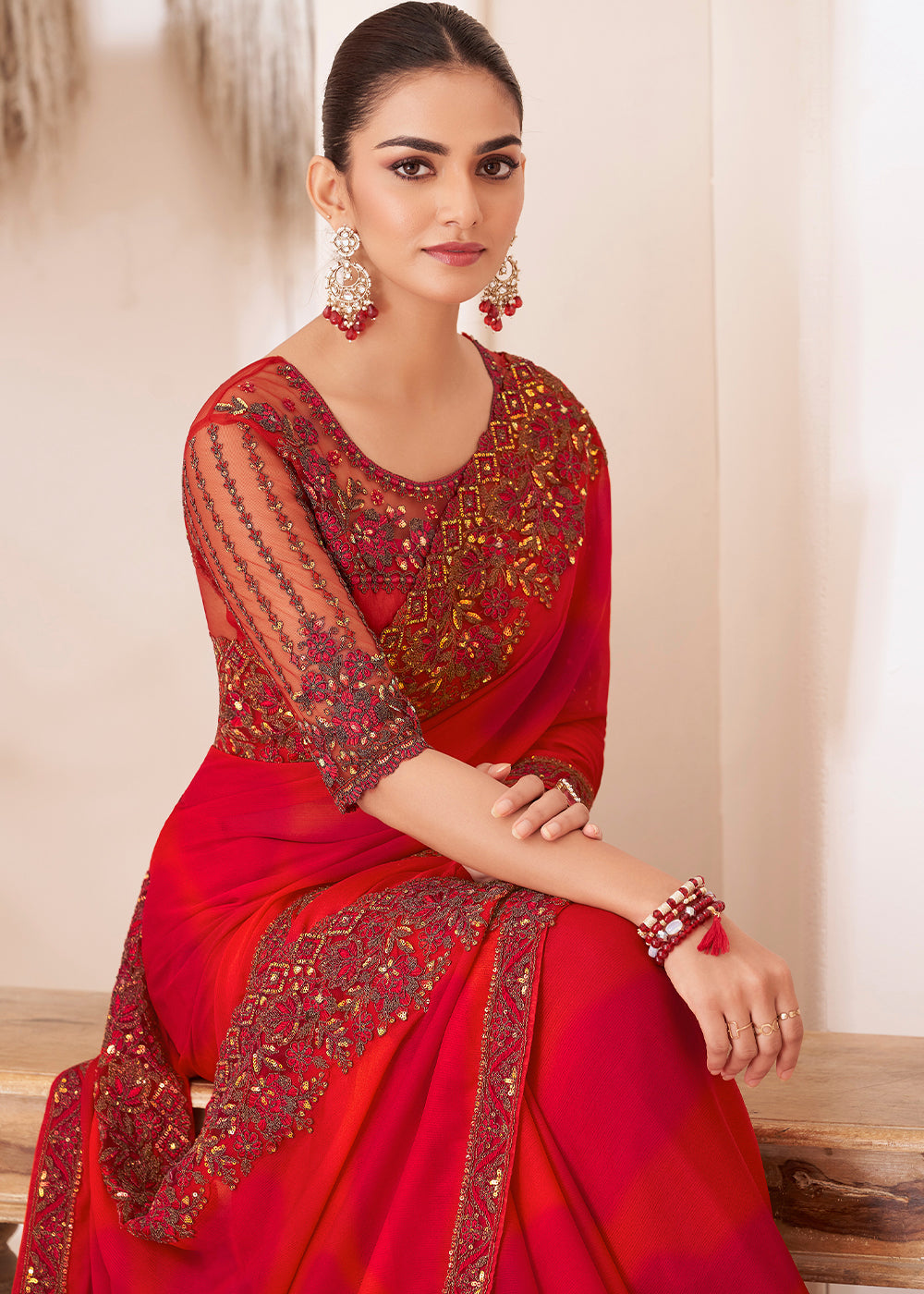 Tart Red Designer Embroidered Shaded Chiffon Saree