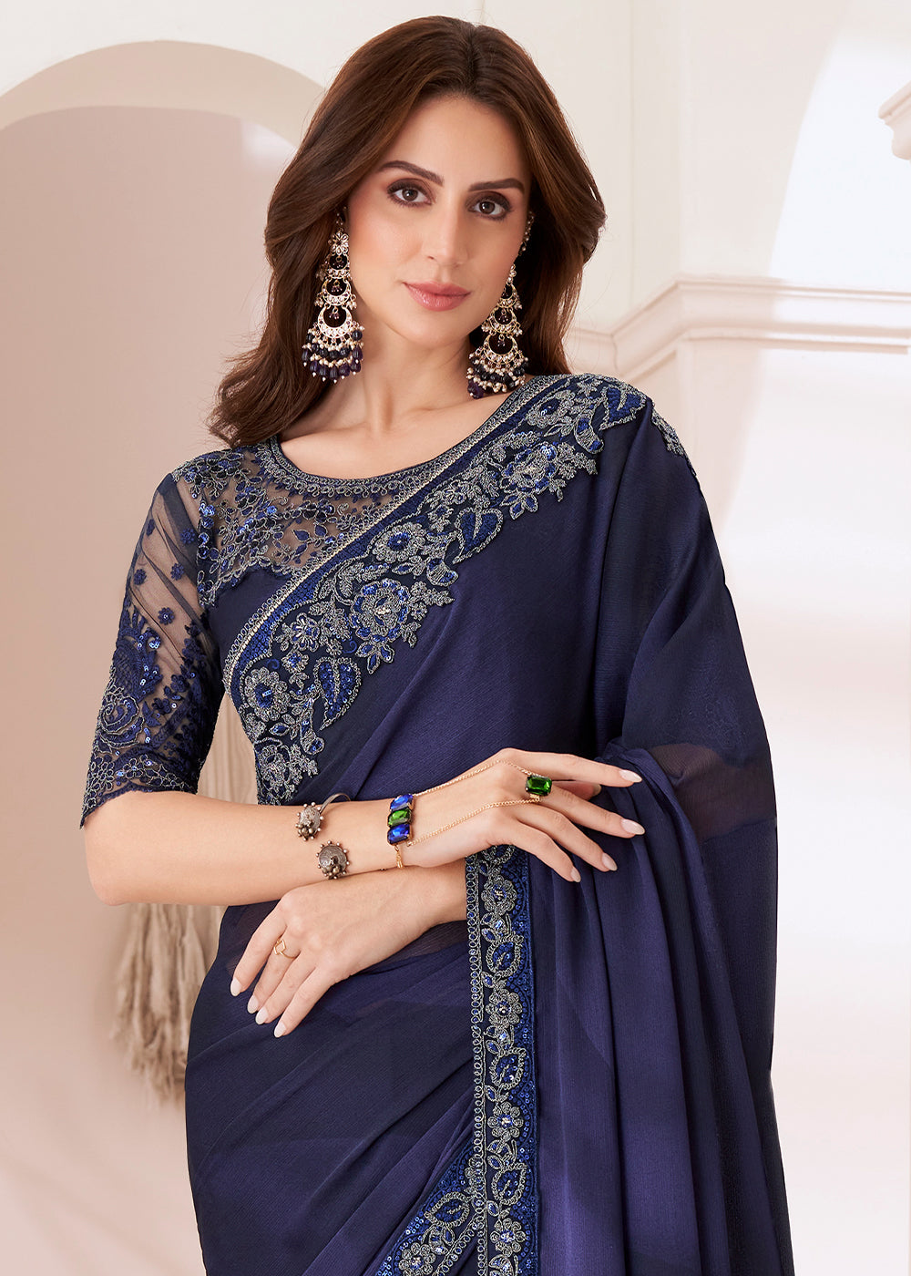 Indigo Purple Designer Embroidered Shaded Chiffon Saree