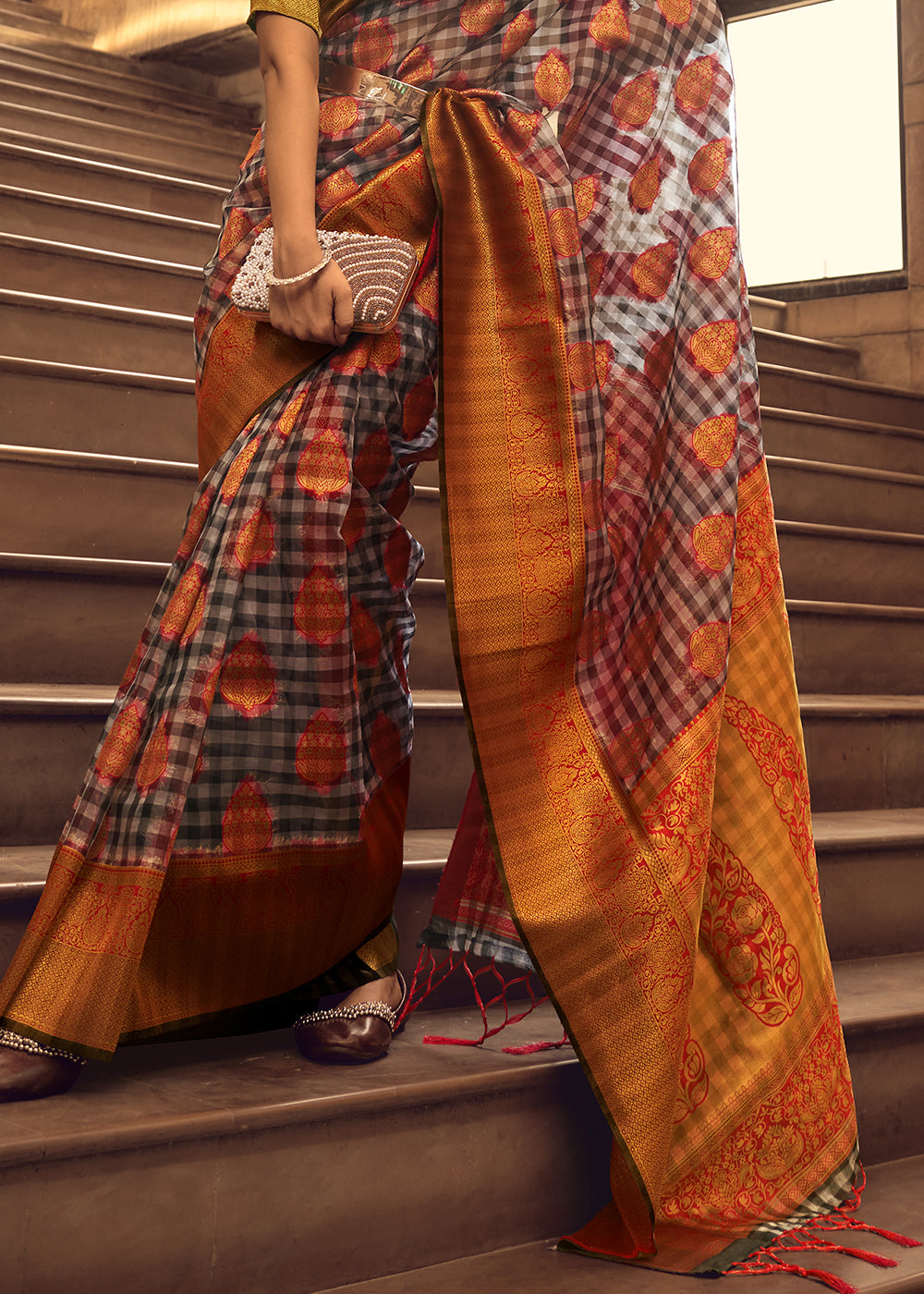 Anchor Grey Zari Woven Banarasi Silk Saree