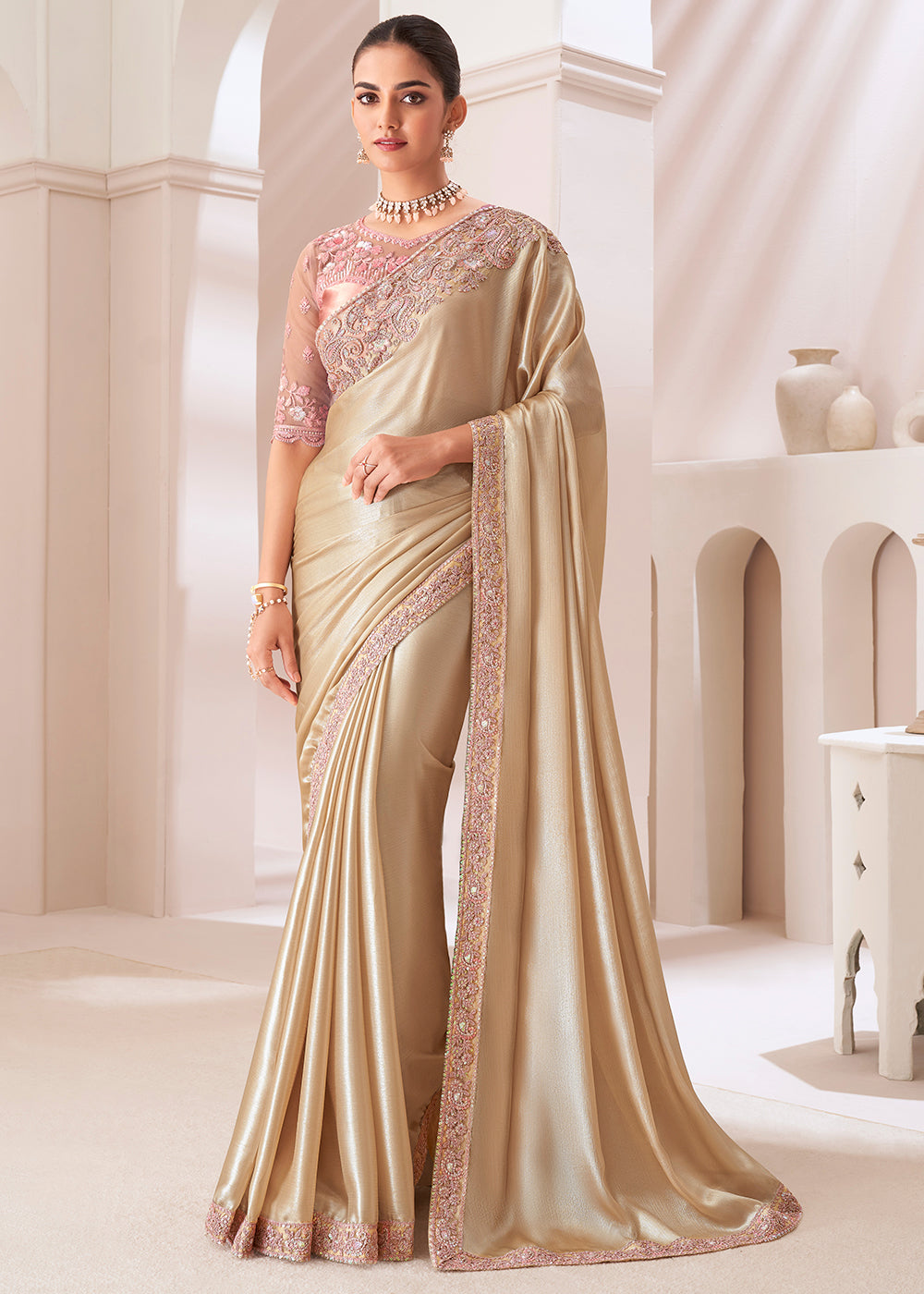 Golden Brown Designer Embroidered Satin Chiffon Saree