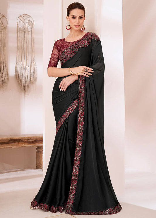 Midnight Black Designer Embroidered Silk Chiffon Saree