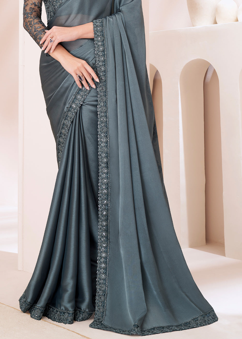 Slate Grey Designer Embroidered Satin Georgette Silk Saree