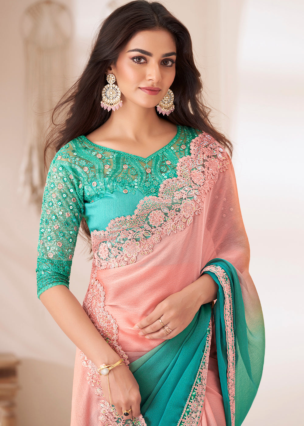 Blue & Pink Designer Embroidered Shaded Chiffon Saree