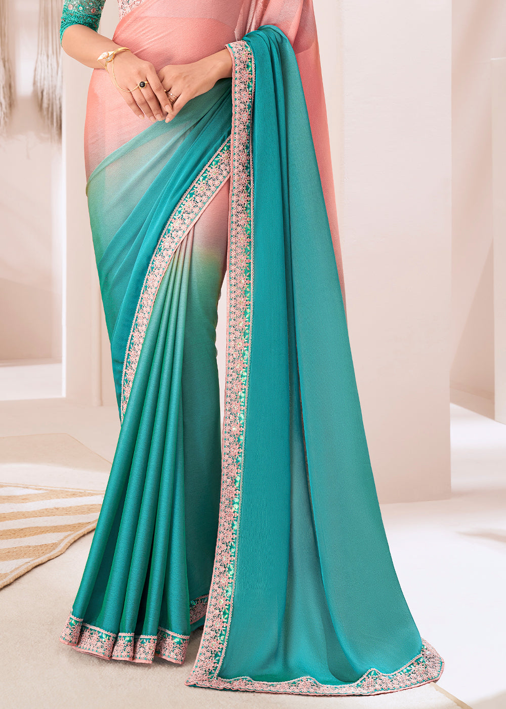 Blue & Pink Designer Embroidered Shaded Chiffon Saree