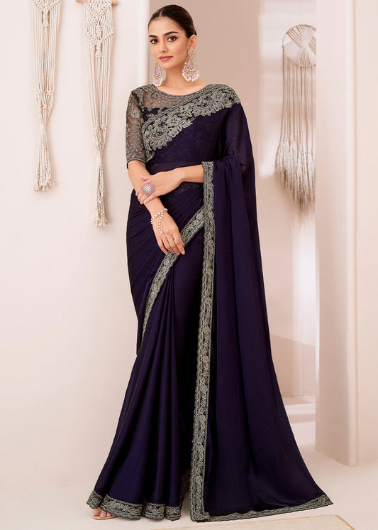 Eggplant Purple Designer Embroidered Georgette Chiffon Saree