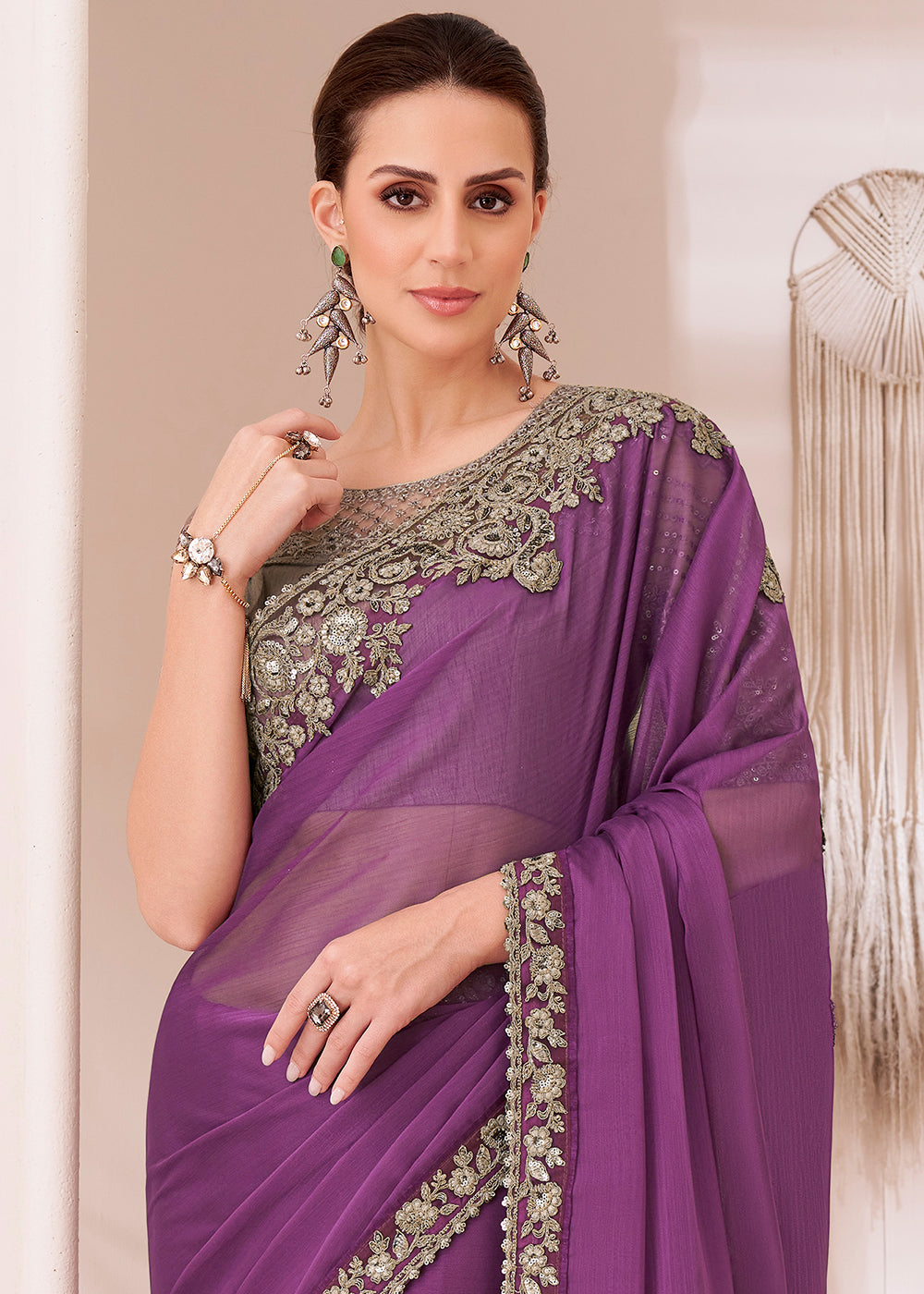 Royal Purple Designer Embroidered Georgette Chiffon Saree