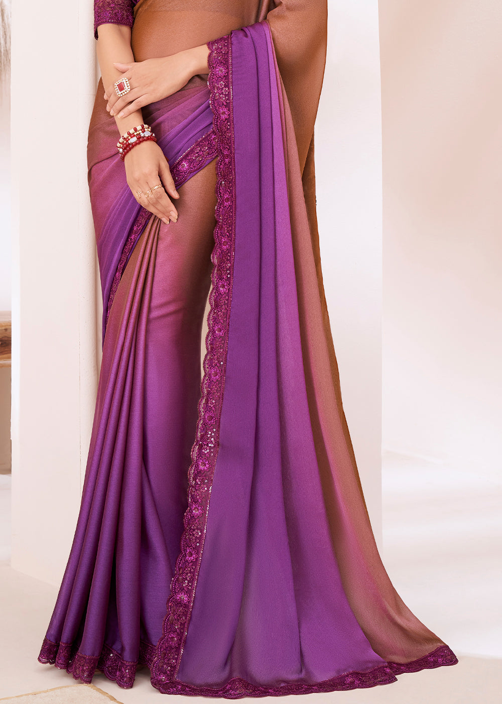 Brown & Purple Designer Embroidered Shaded Chiffon Saree