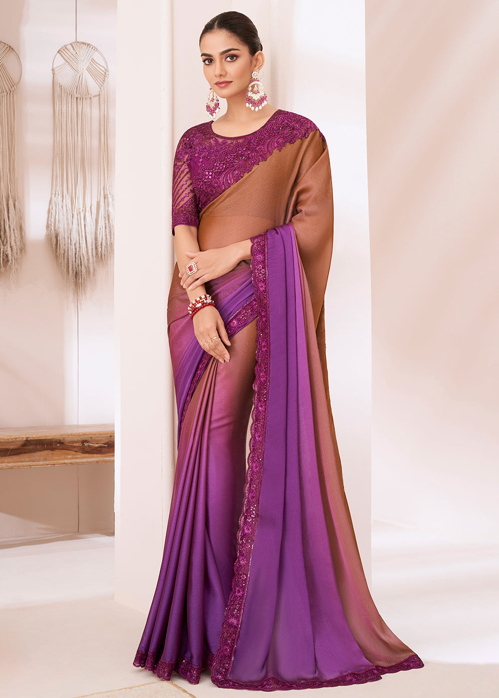 Brown & Purple Designer Embroidered Shaded Chiffon Saree