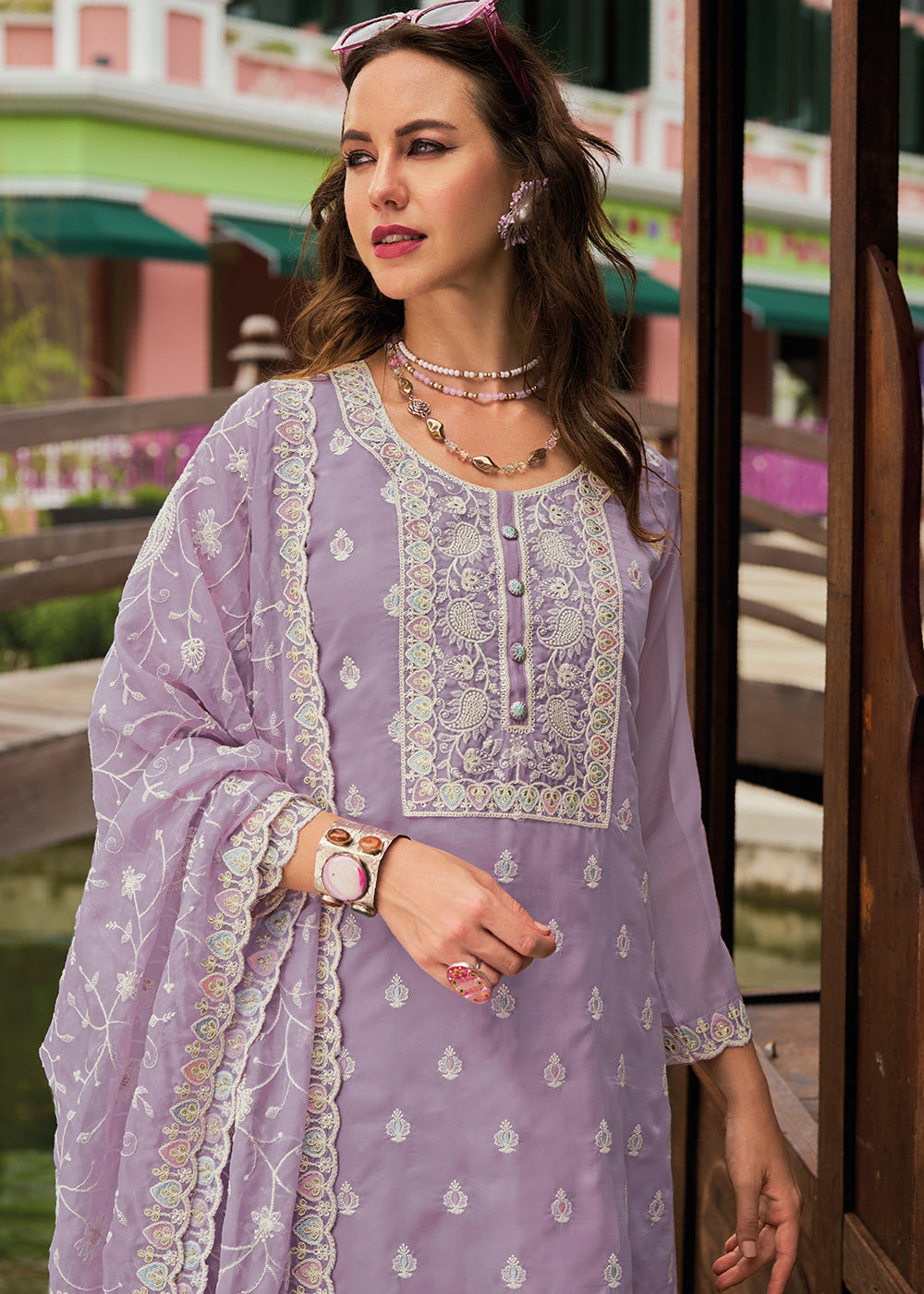 Lilac Purple Intricate Embroidered Organza Suit