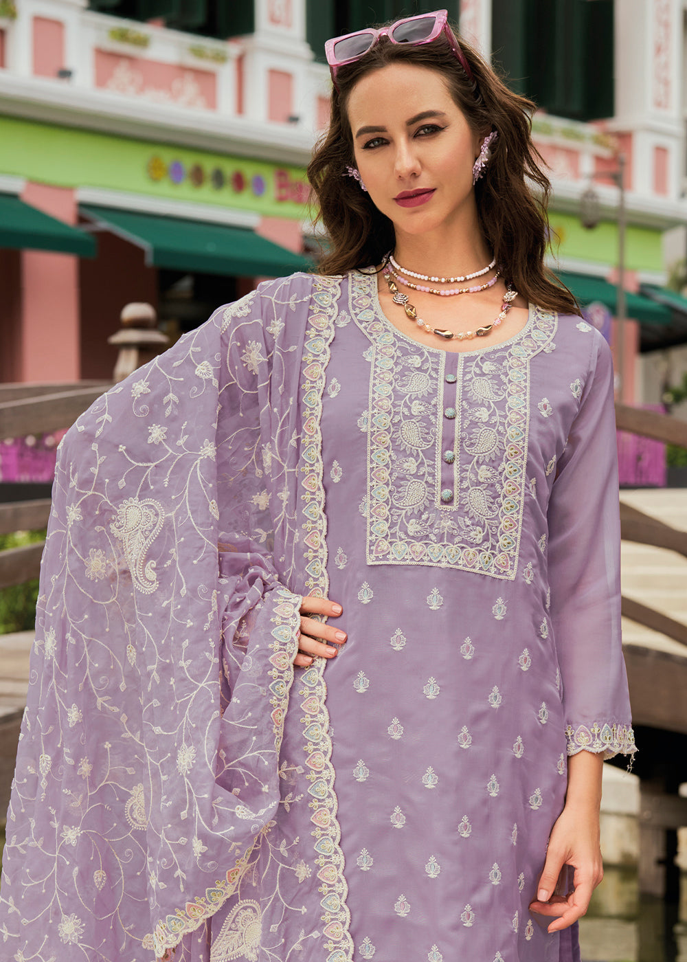 Lilac Purple Intricate Embroidered Organza Suit