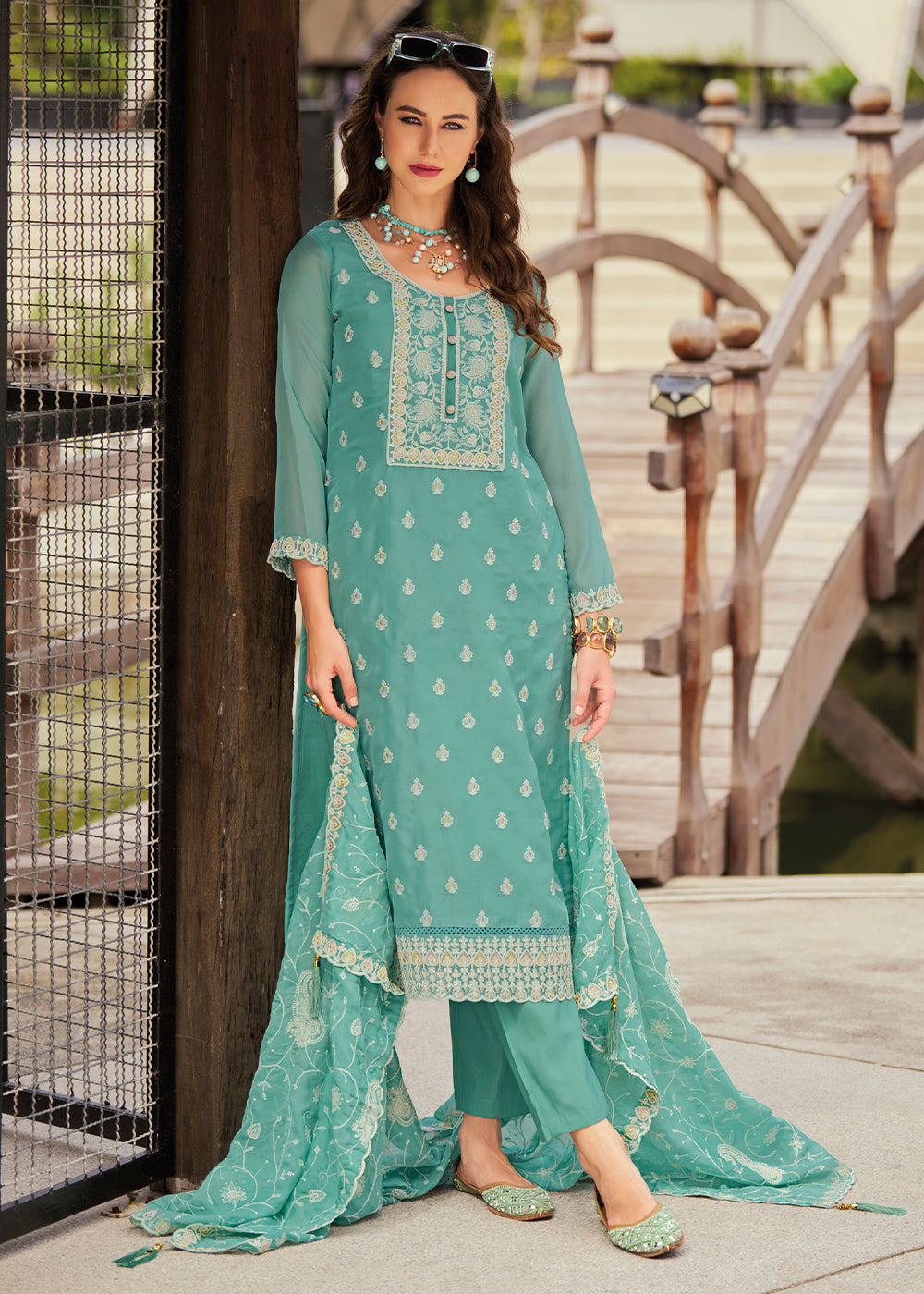 Light Persian Green Intricate Embroidered Organza Suit