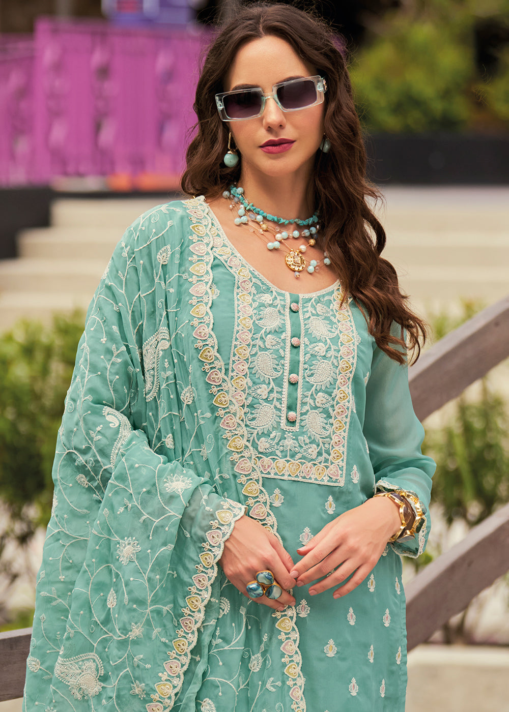 Light Persian Green Intricate Embroidered Organza Suit