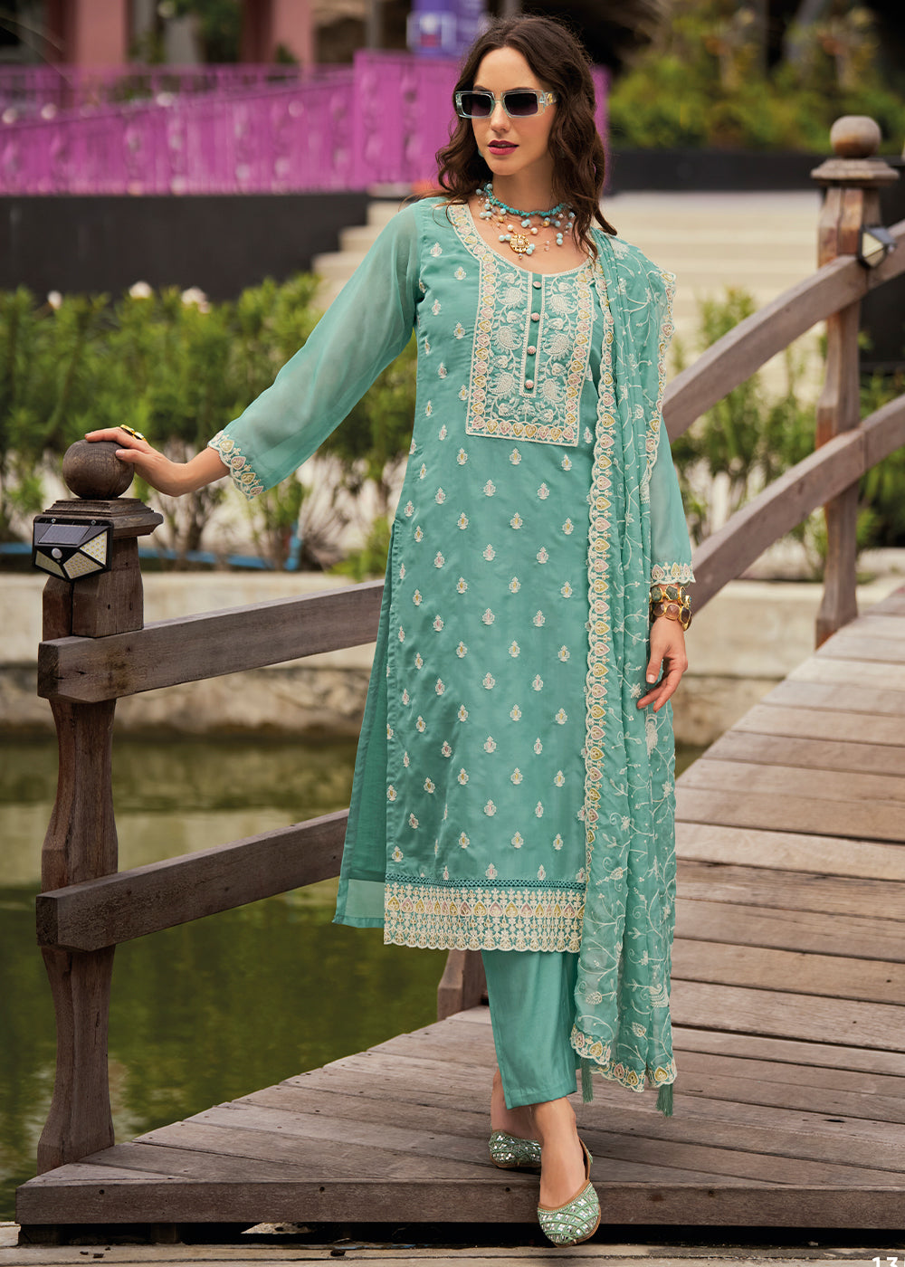 Light Persian Green Intricate Embroidered Organza Suit