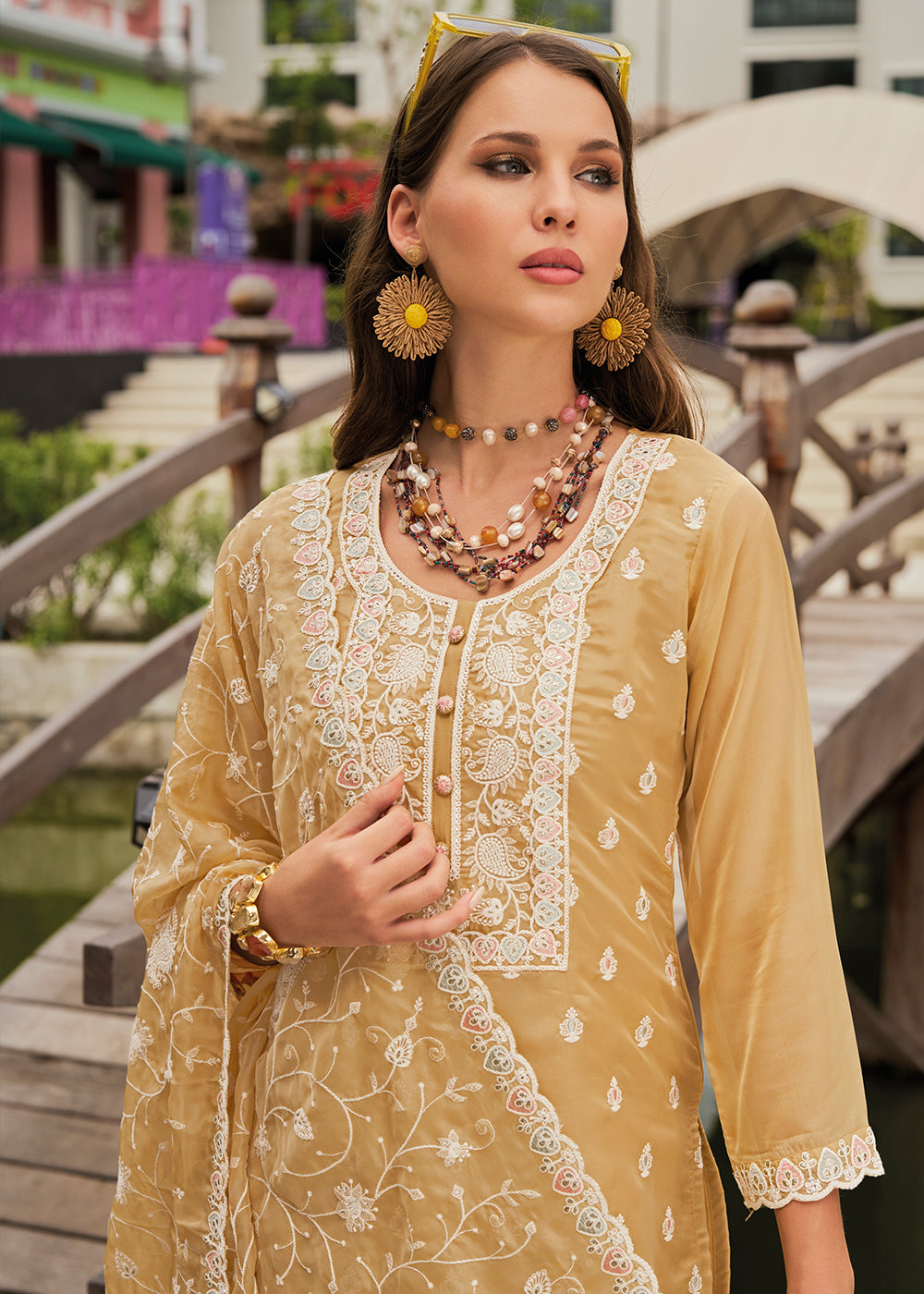 Sand Brown Intricate Embroidered Organza Suit