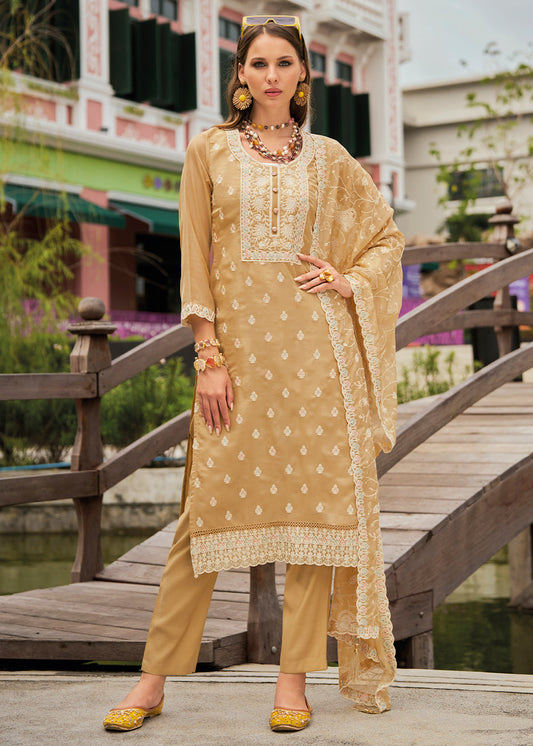 Sand Brown Intricate Embroidered Organza Suit