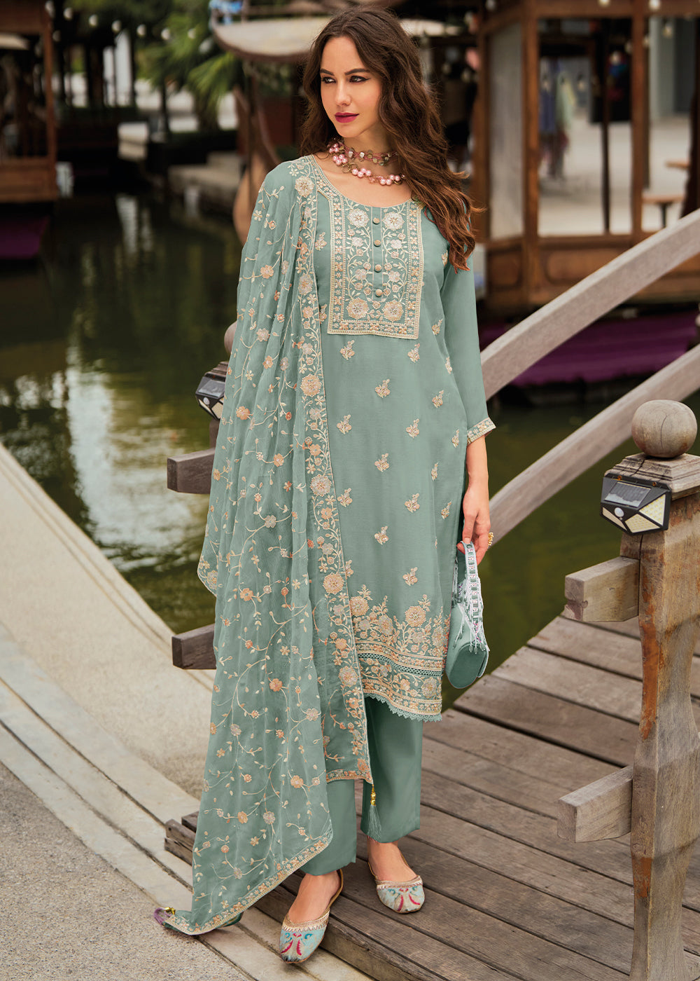 Desaturated Green Chiffon Suit having Beautiful Embrodery work