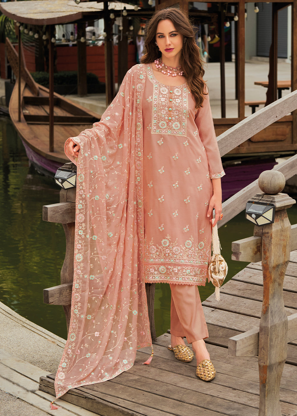 Cantaloupe Orange Chiffon Suit having Beautiful Embrodery work