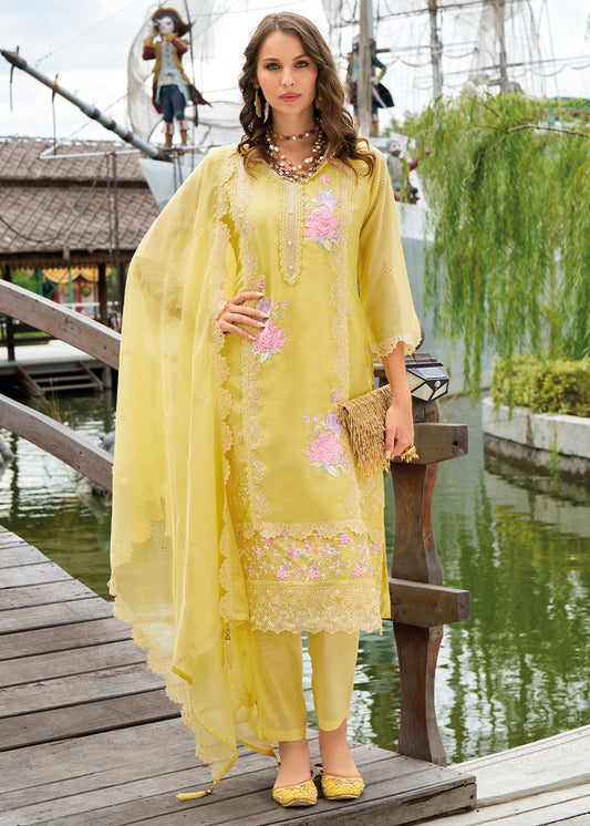 Lemon Yellow Organza Suit with Floral Embroidery work